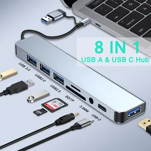 8 in 1 USB Extender with SD/TF Card Reader，USB C Hub USB Hub 3.0, , 3.5mm Aux Headphone Jack for MacBook Pro Air and More PC/Laptop/Tablet Devices