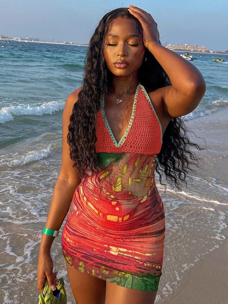 Women's Crochet Patchwork Backless Halter Neck Bodycon Dress, Casual Sleeveless Tie Back Hollow Out Dress for Summer, Fashion Women's Dress for Beach Holiday