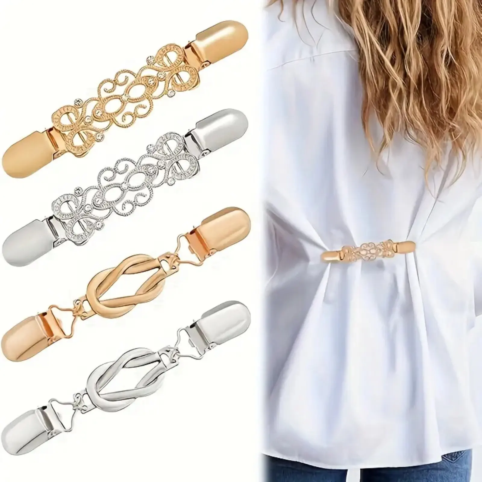Women's 4-Pack Vintage Zinc Alloy Waist Clips, Spring-Loaded Adjustable Non-Slip Dress Cinch Clips, Durable Fashion Accessory For Shaping Outfits, Perfect For Dresses, Sweaters And Daily Casual Styling