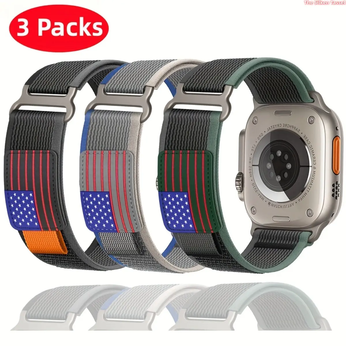 3 Pack Patriotic US Flag Nylon Trail Loop Watch Strap Set for Apple Watch Ultra 49mm All Sizes SE Series 1-11, Adjustable Woven American Flag Breathable Outdoor Sport Replacement Band Smart Watch Accessory Pack (3 Bands Only)