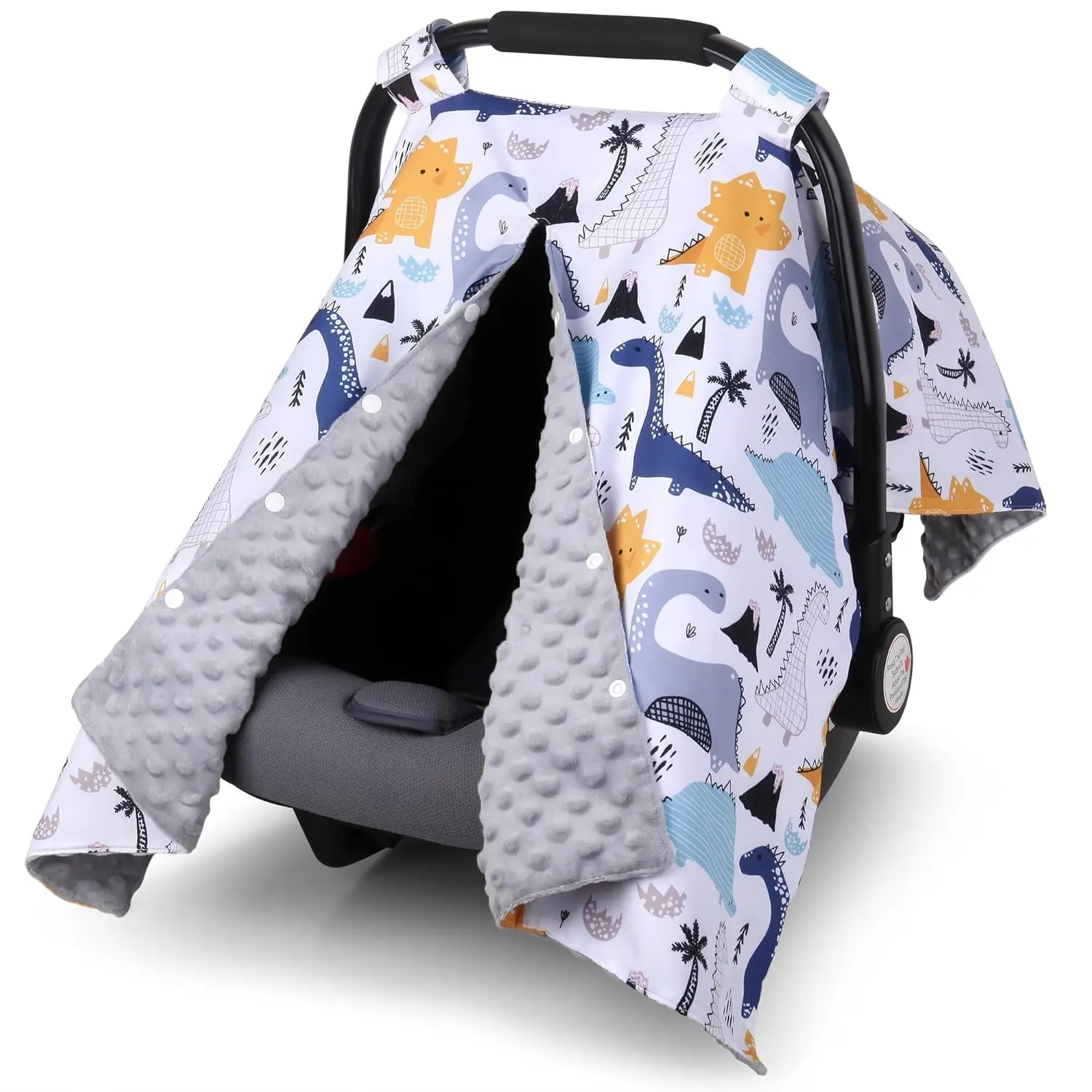 Plush Warm Minky Baby Car Seat Cover with Canopy - Cute Dinosaur Design, 0-3 Years, Peekaboo Opening, Multi-Use for Infant Carseat, Baby Boy Carrier, Stroller, Nursing Blanket