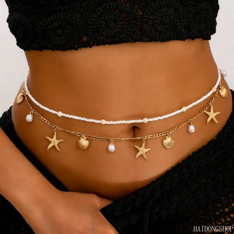 Boho Viral Coastal Dopamine Summer Pearl Disc Starfish Shell Seed Bead Waist Chain For Women, Rhinestone Tassel Spliced Layer Belly Chain, Seaside Accessory For Beach Pool Festival Vacation Daily Outfit Styling