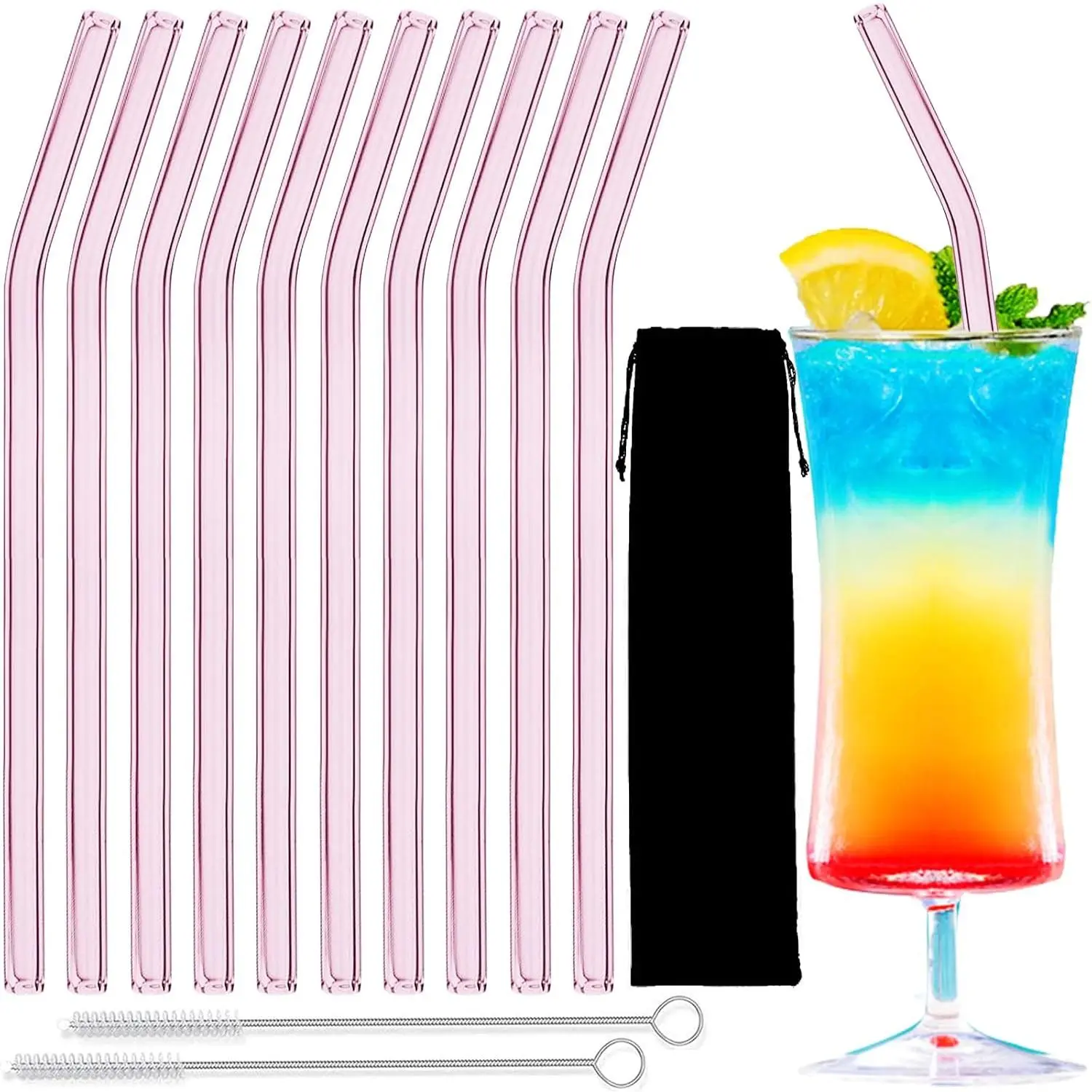 10 Pack   Glass Straws, 8" Shatter-Resistant Bent Drinking Straws for Smoothies, Milkshakes, Hot/Cold Drinks, with 2 Cleaning Brushes Dishwasher Safe Fits Tumblers, , Mason Jars