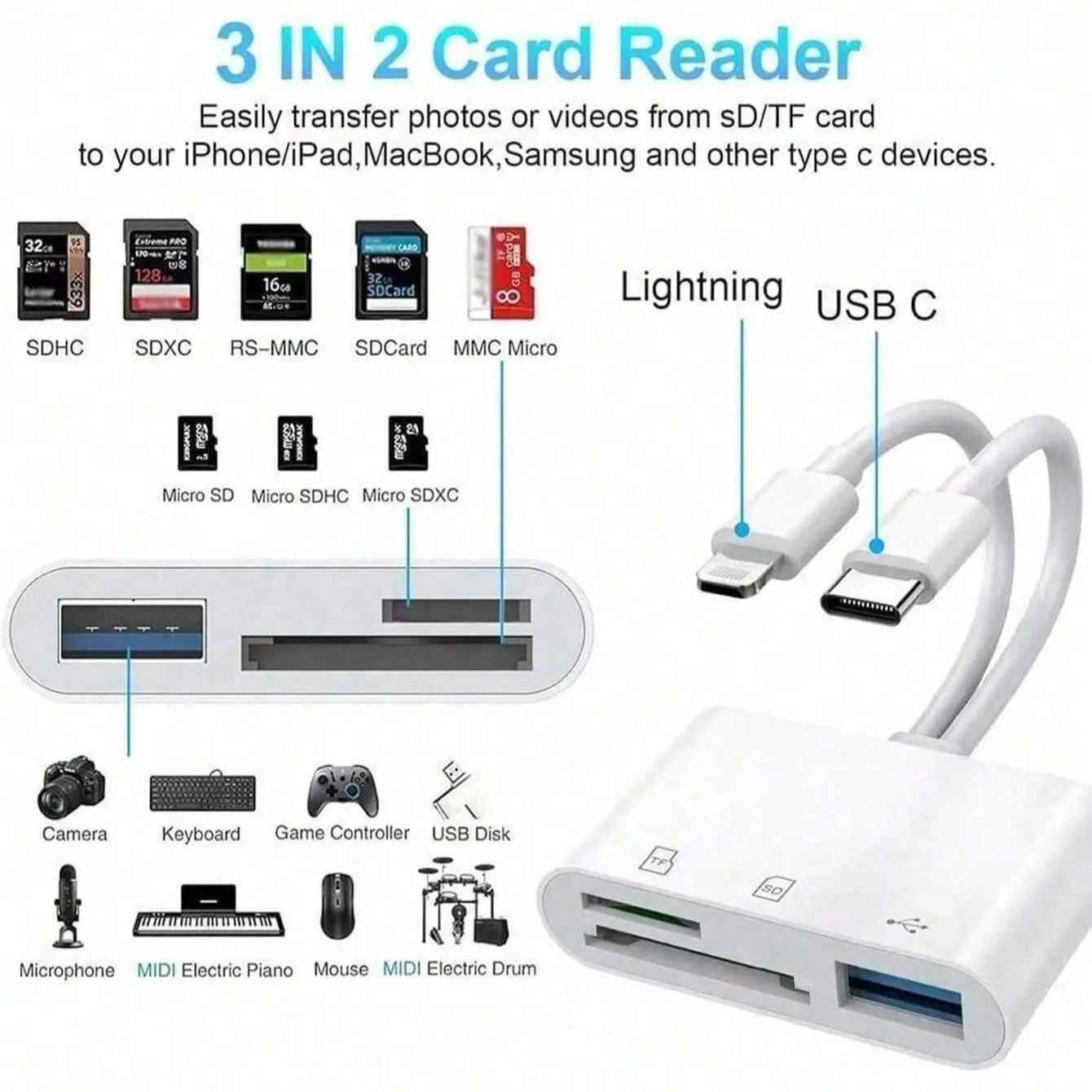 SD Card Reader with Dual USB and Triple USB 3.0 Adapter, Memory Card Reader, Compatible with Macbook/iPad, iPhone, Micro SD Card, Plug and Play, Microsd Card Reader