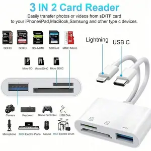 SD Card Reader with Dual USB and Triple USB 3.0 Adapter, Compatible with Macbook/iPad, iPhone, Micro SD Card, Plug and Play