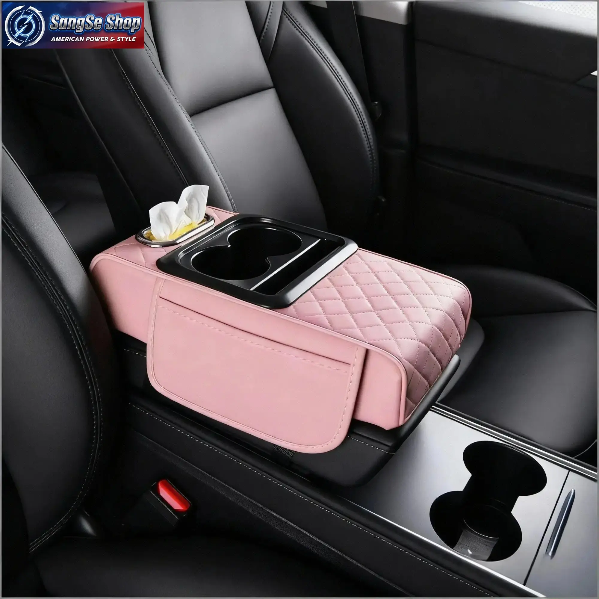 Car Armrest Organizer in Pink Leatherette, 4-in-1 Vehicle Organizer with Memory Foam Cushion, Cup Holder, Tissue Box & Hidden Compartment for Cars, Trucks & SUVs, Storage Organization, Car Accessories, Clutter-Free Car