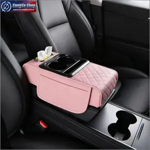 Pink 4-in-1 Car Armrest Cover Cushion, Memory Foam Center Console Pad with Tissue Box Holder, Cup & Phone Storage Organizer, Soft Leather Armrest Pillow for Cars, Trucks & SUVs Daily Driving Comfort Accessory