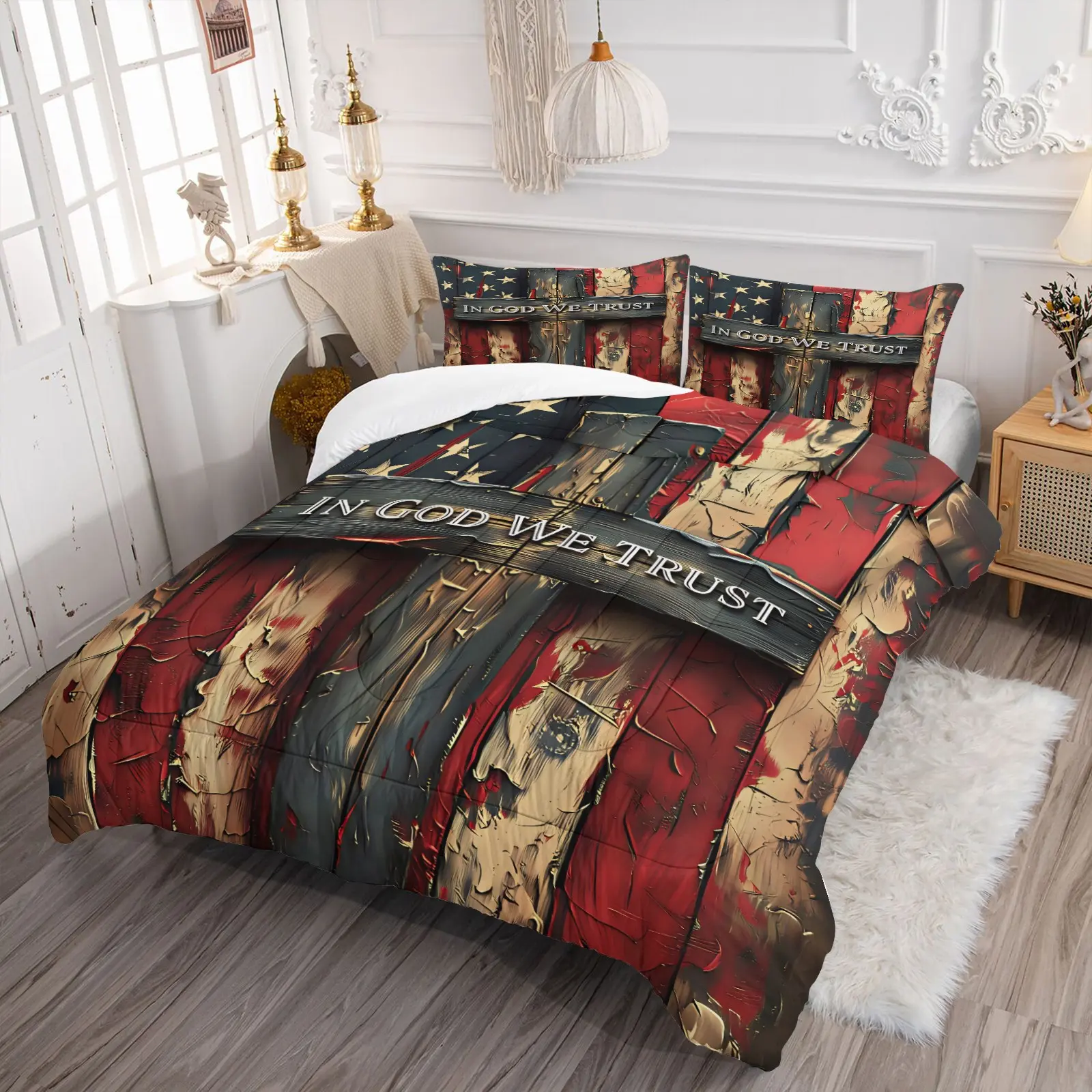 2/3-Piece Comforter Set with Vintage Wood-Grain American Flag and Cross Pattern (1 Quilt + 1 or 2 pillowcase), Rustic Farmhouse Style Bedding Set, Theme Bedding Set, Ideal for Patriots, Veterans, and Independence Day Bedroom Decor