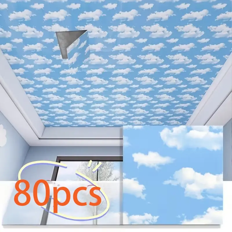 80 Sheets Self-Adhesive Sky Wallpaper, Removable 3D Blue Sky Clouds Wall Decal, Waterproof Cloud Stickers for Bedroom Living Room Wall Decor