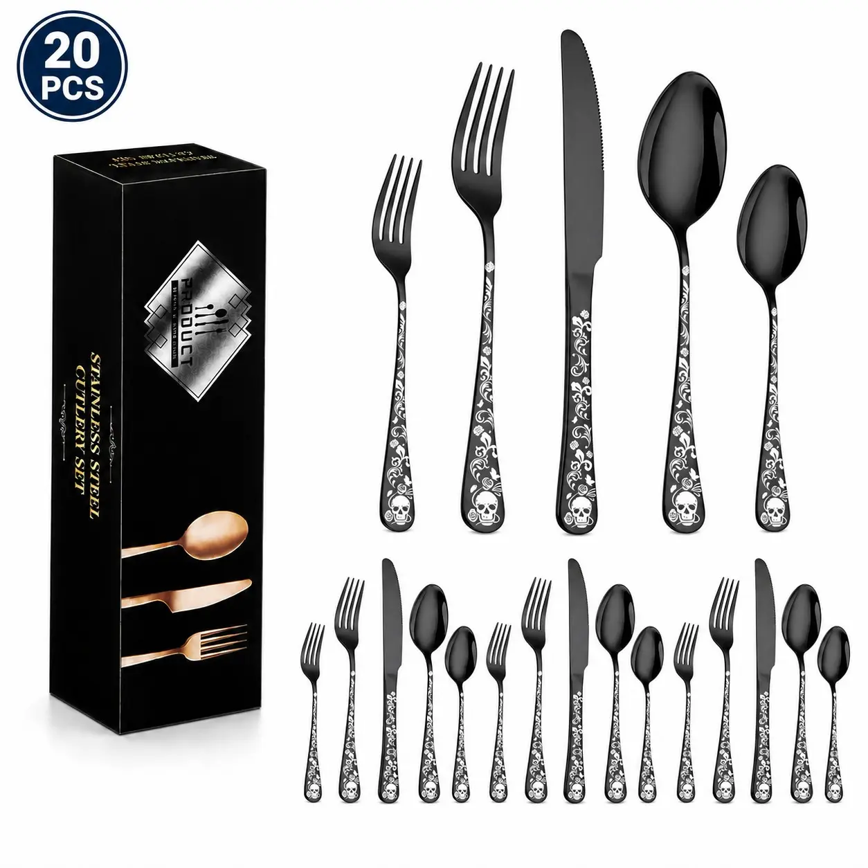 Gothic Skull Rose Pattern Western Tableware Set, Includes Dinner Knife, Forks, Spoons, Single/multi-User Dining Cutlery Combo