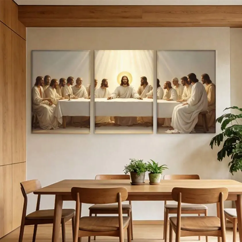 3-Piece Framed Canvas Wall Art Set--The Last Supper By Jesus, Triptych Painting, Modern White Frame, Suitable For Living Room, Church, Prayer Room Decoration, Iconic Religious And Worship Space Decoration, 2D Flat Painting