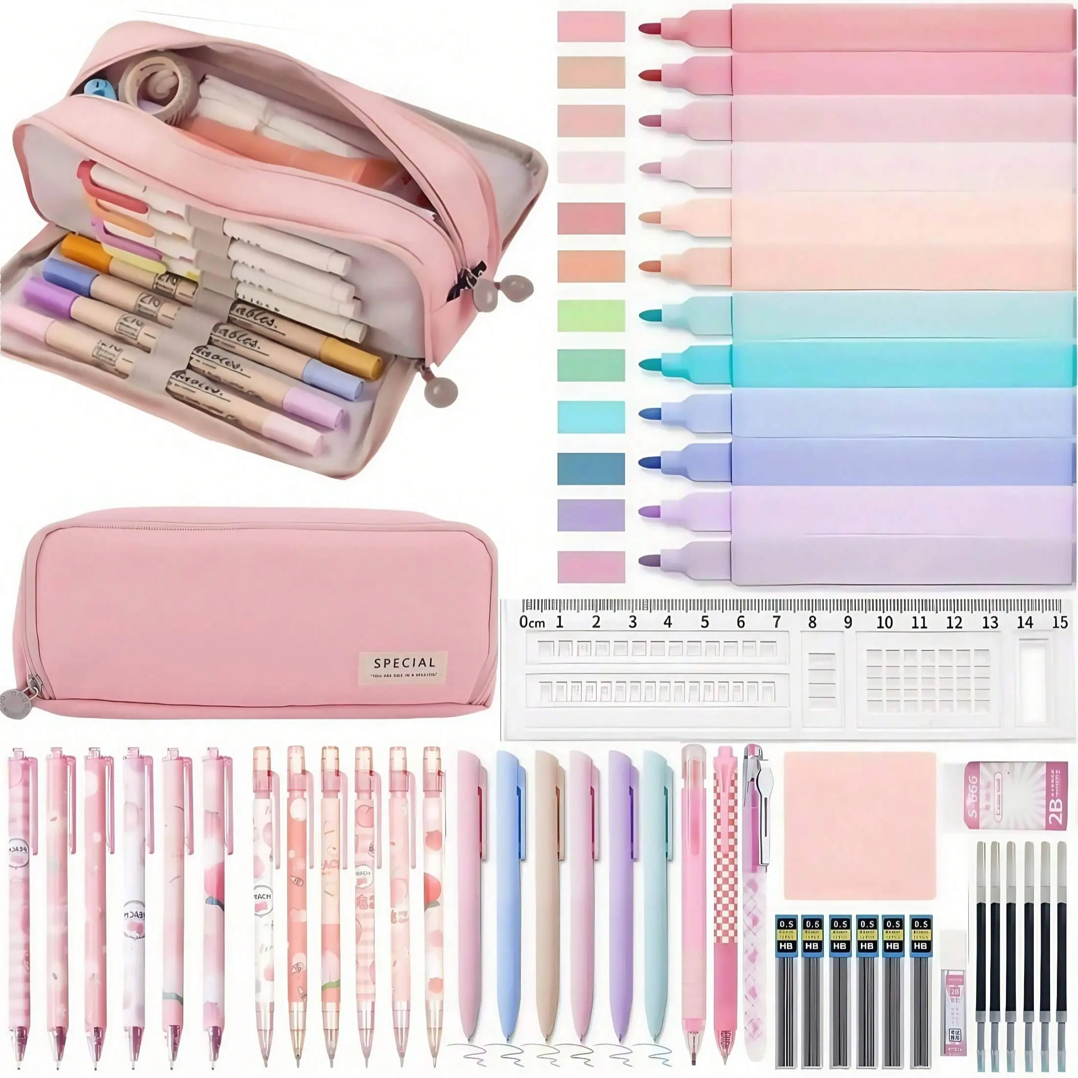 50PCS Morandi stationery set,back to school,School Classroom Supplies,Large Capacity Pencil Case,8PCS black gel pens,Morandi 0.5mm mechanical pencil,Pastel Highlighters,sticky note,eraser,ruler,Office School Supplies