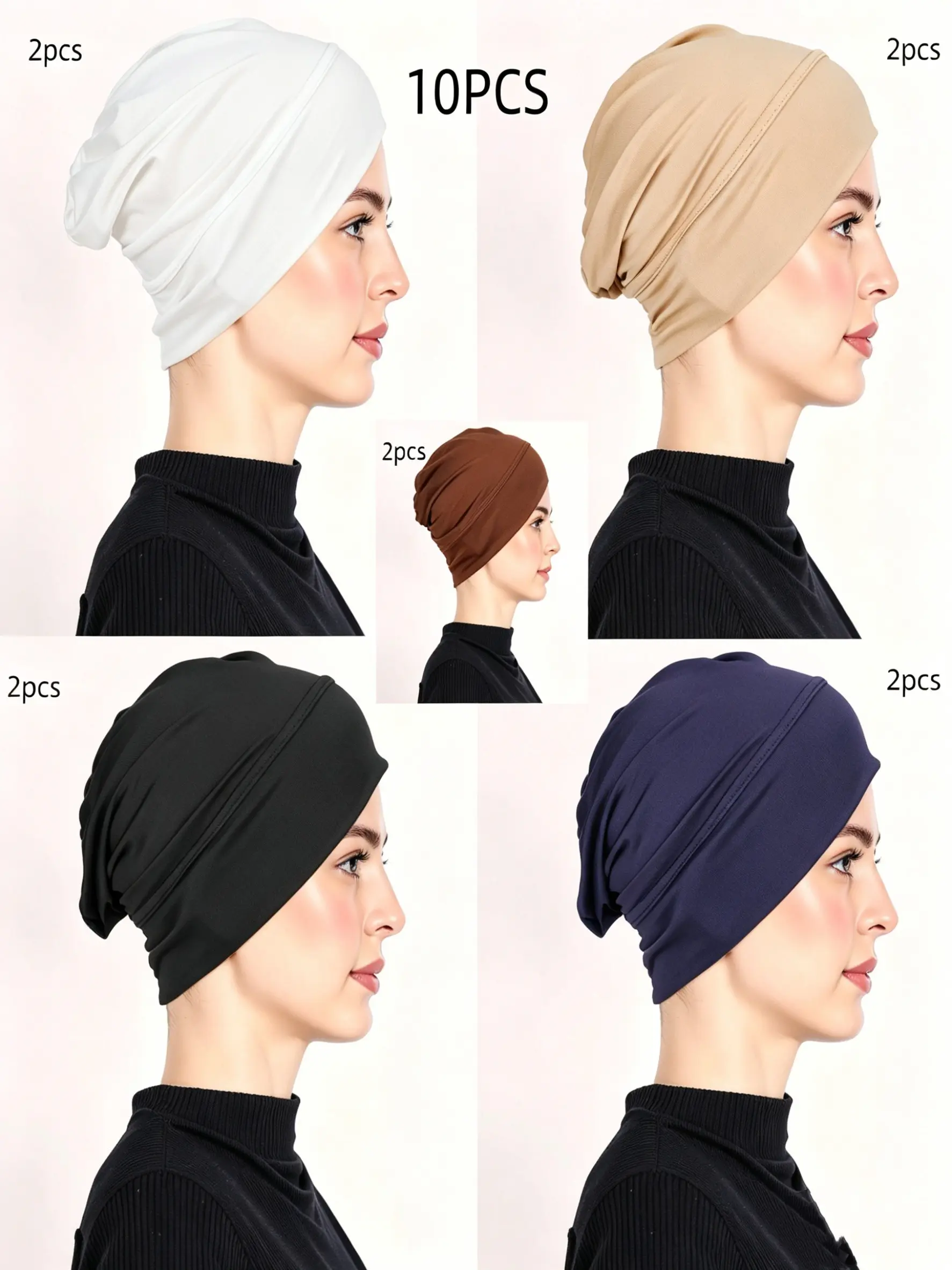 10pcs Soft Stretch Hijab Undercap for Women, Solid Color Ninja Inner Cap, Breathable Non Slip Muslim Head Wrap, Casual Daily Wear