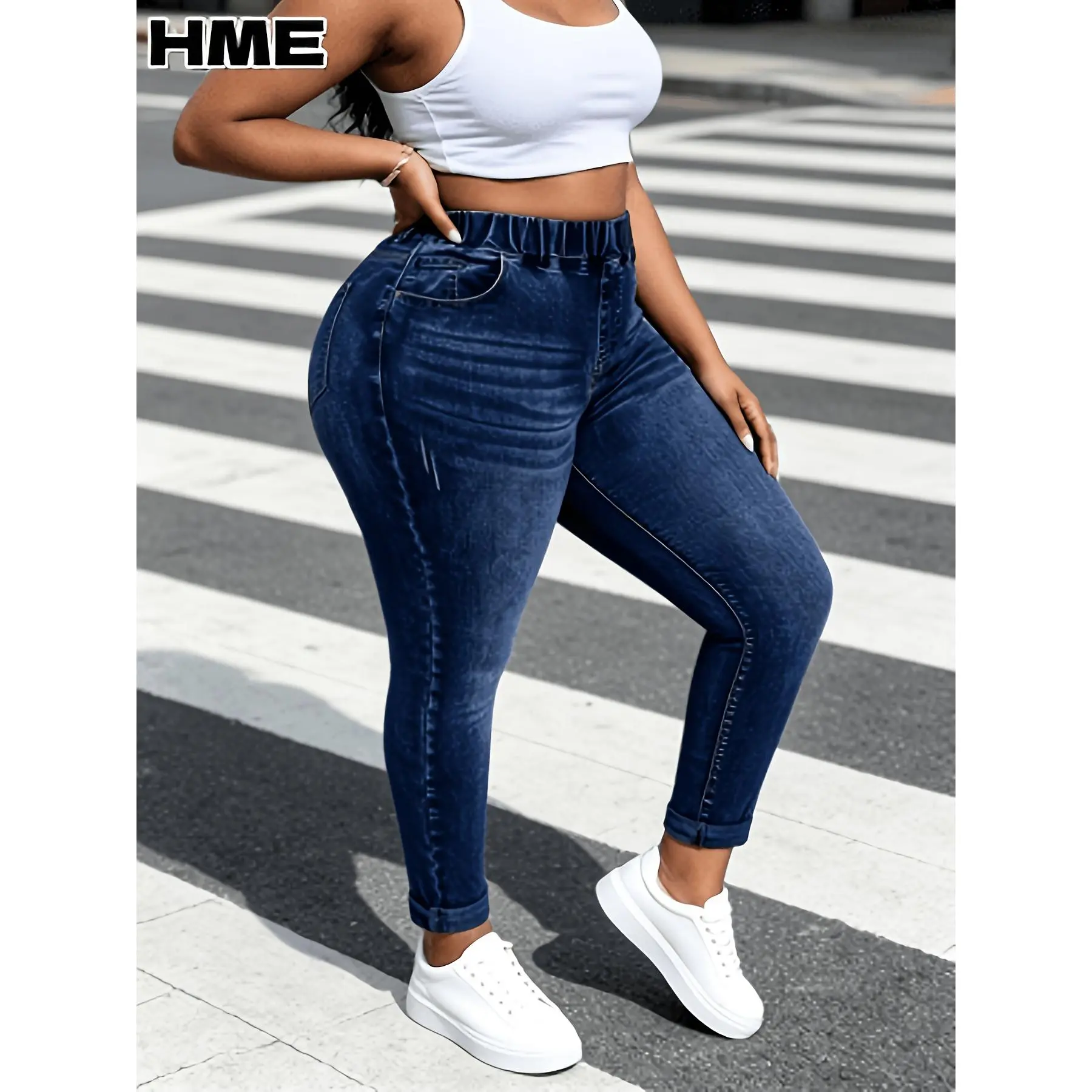 New Arrival Women'S High Waist High Stretch Hiplifting Skinny Jeans Made of Premium Highelastic Denim Fabric, Featured with Elegant Nine-Point Skinny Design.Classic Retro Dark Blue Tone with Glossy Texture, Lightweight And Comfy