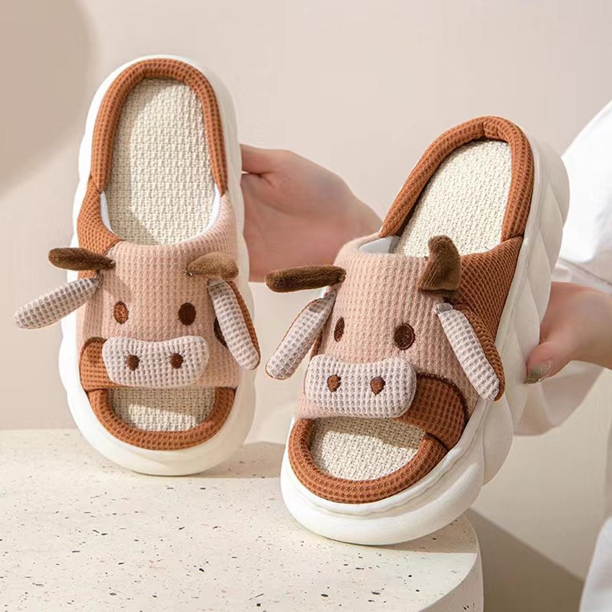Soft Cow Cartoon Linen Slippers for Indoor Comfort - TikTok Shop