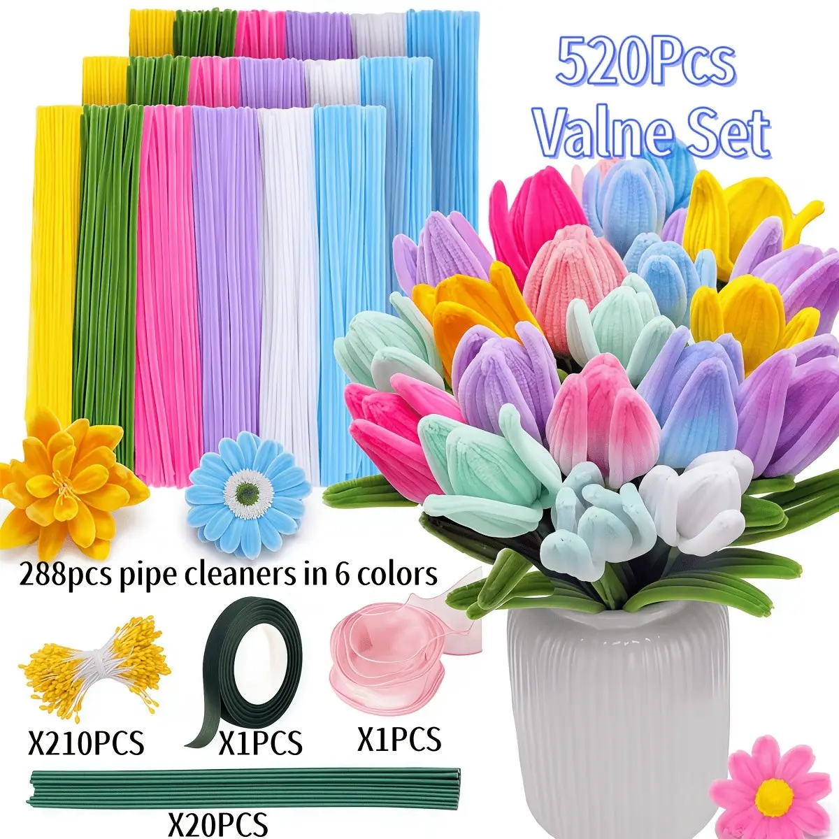 A total of 520 handmade sets of colorful flower bouquets with accessories | Pipe cleaning flower materials, including purple, pink, blue, and gold sherry colored stems, suitable for birthdays, Mother's Day, graduation ceremonies, Valentine's Day gifts, an
