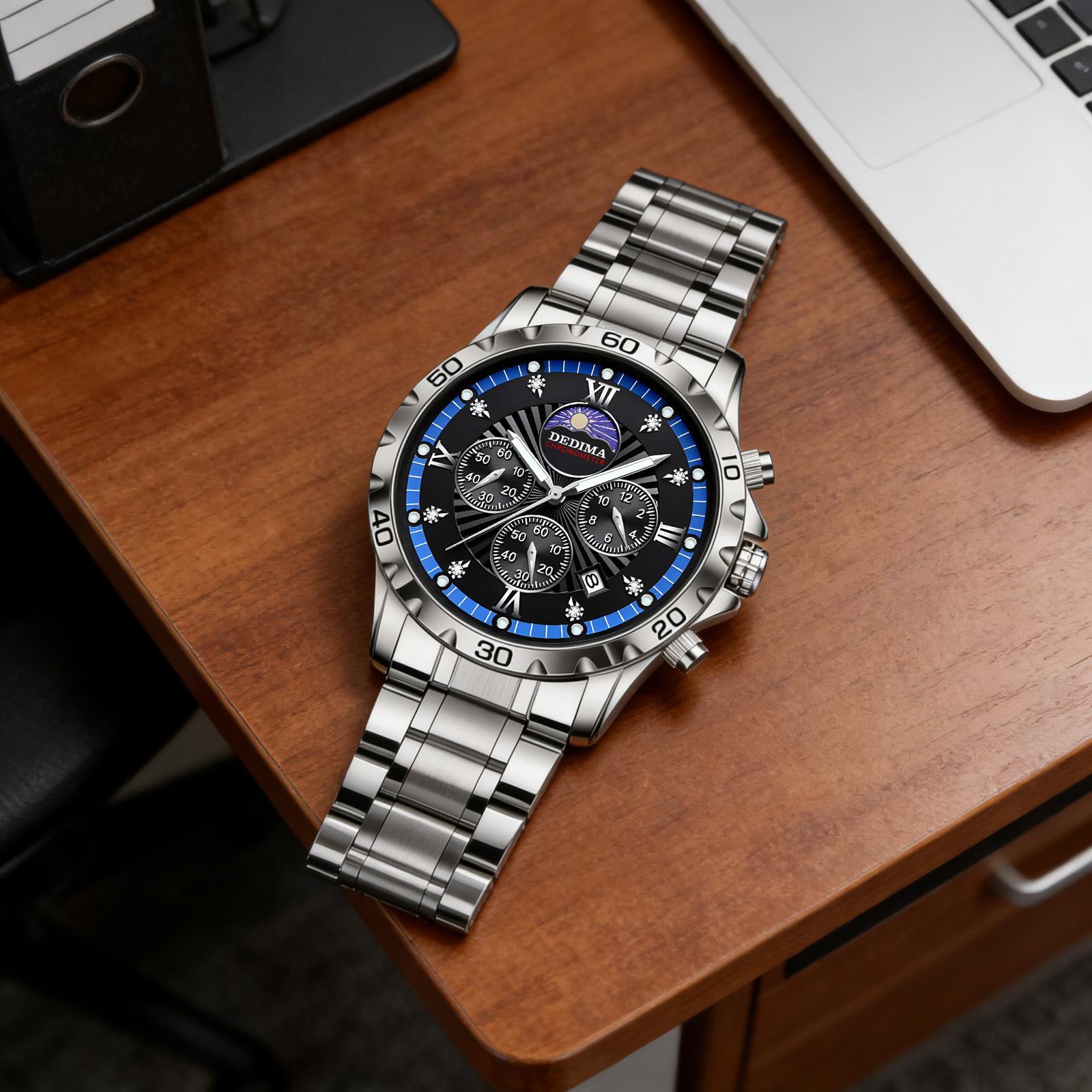 Men's Quartz Watch PE903 Movement 42mm Dial Luminous Display Calendar Moon Phase 30M Waterproof Stainless Steel Strap Business Style Hot-Selling Item