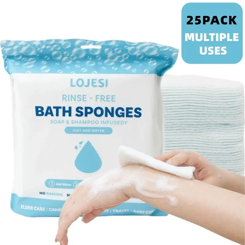 25-Pack No-Rinse Bath Sponge with Lotion, Portable Lightweight Disposable Bubble Wash Cloth, Elderly Care, Post-Op Cleaning, Business Travel Hand Towel, Disposable Washcloths