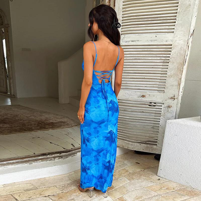 Rose Print Ruched Lace Up BacklessCami Dresses for Women, ElegantSleeveless Bodycon Capri Sun DressLong Dress for Summer, BirthdayDresses 2024, Fashion Women'sDress for Beach Holiday, Capri SunDress Valentine's Day, gift Casual Womenswear Blue Floral