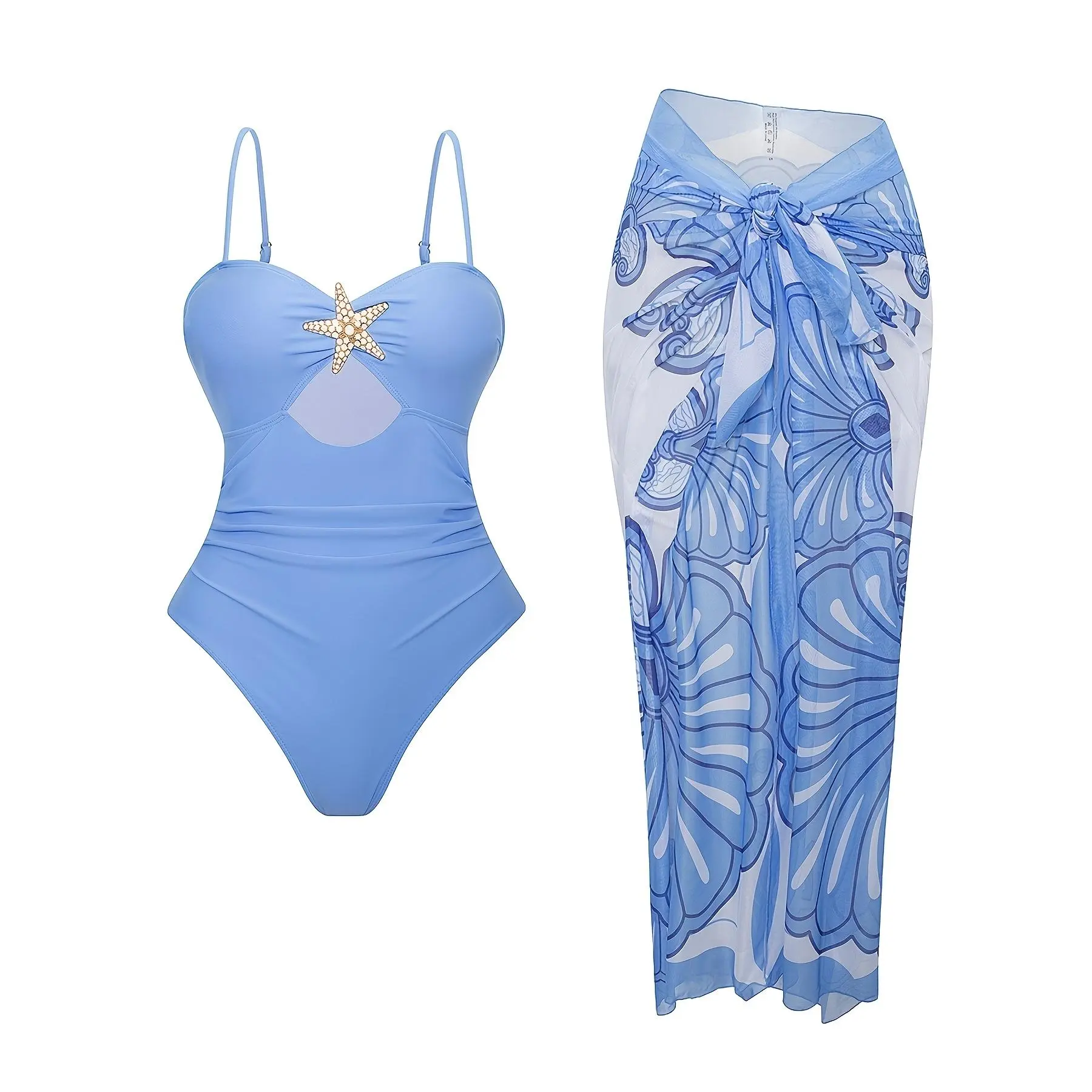 Two-piece set: new blue spaghetti strap one-piece swimsuit with starfish decoration and blue shell print wrap skirt set, elegant swimwear and beachwear for women's vacation and leisure