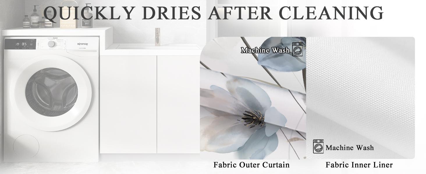 No Hook Shower Curtain and Liner Set, Blue and Grey Boho Floral Shower Curtains for Bathroom, Watercolor Flower Waterproof Bathroom Curtain Sets with Snap in Liner,