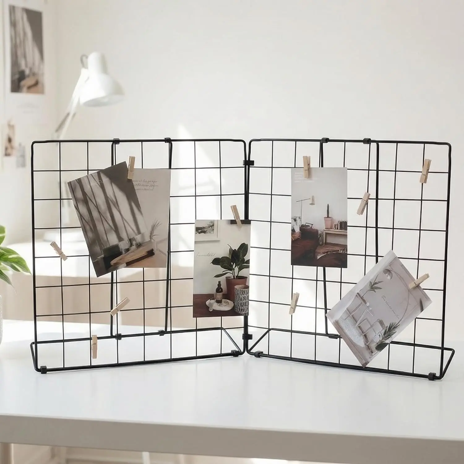 Double-Sided Foldable Photo Display Stand Black | 20 Wooden Clips, Message Board, Detachable to 2 Small Photo Stands, Accessory & Handcraft Display Board for Home & Office