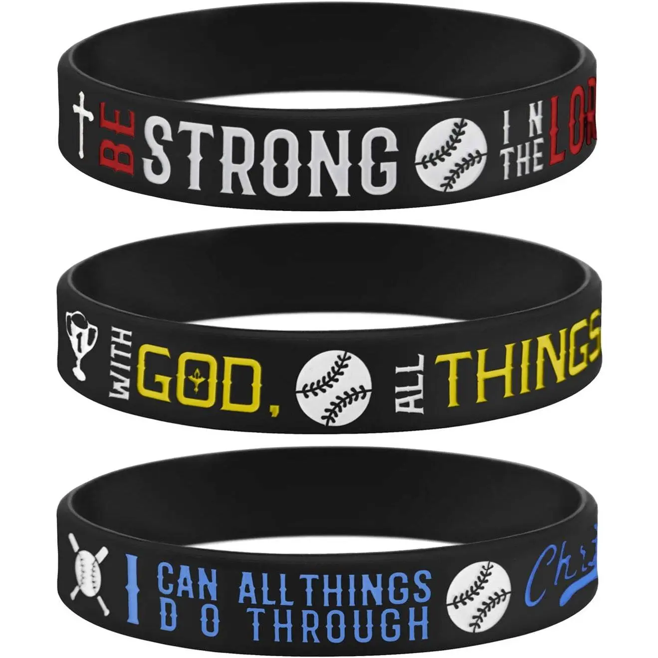 Power of Faith Baseball  Verse  Wristbands with Christian Inspirational Sayings, Set 3 of Scriptures Motivational Rubber Bracelets  Gifts