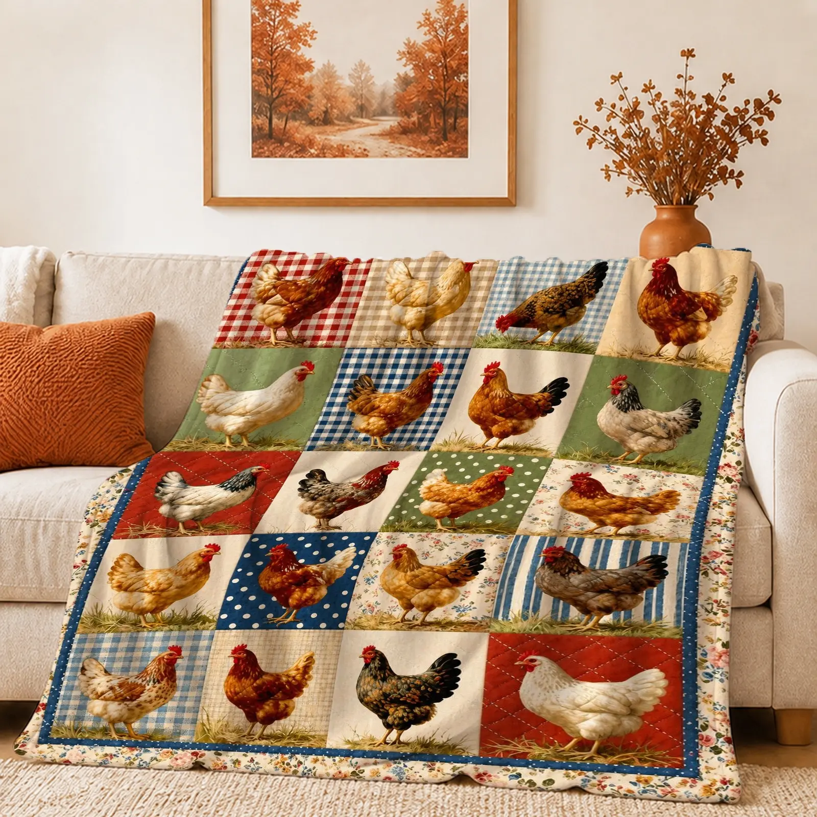 1pc Throw Blanket Farm Hen Patchwork Style Soft Warm Lightweight Multi Chicken Plaid Square Patchwork Printed Blanket for Farm Lovers Sofa Bed Living Room Bedroom Decor