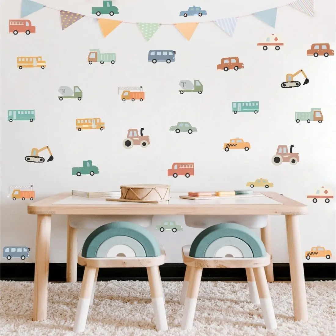 Watercolor Transportation Vehicle Wall Decals,Truck Tractor Excavator Bus Vinyl Wall Stickers, Self-Adhesive Cartoon Construction Car Artwork for Boys Bedroom Playroom Decor