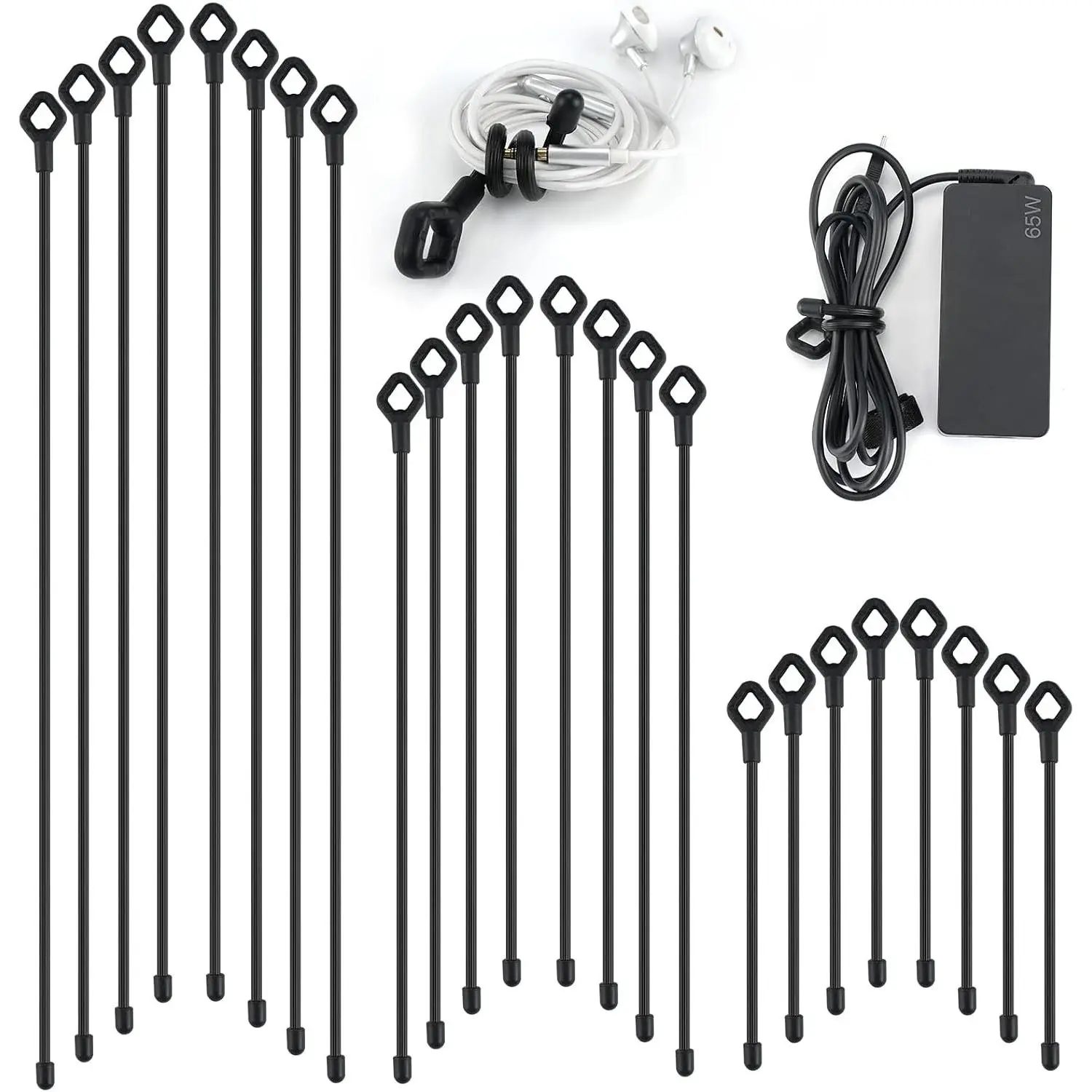 Silicone Cable Ties with Holes, 2 inch Twist Ties for Bundling - 6in, 12in, 18in - Indoor/Outdoor Use (Black)