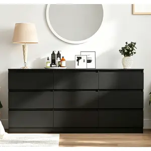Wide Black 9-Drawer Wood Dresser - Silent-Open Hidden Storage Cabinet with Wide Base, Dresser for Bedroom, Room Storage, Home & Bedroom Decor Indoor Furniture Cupboard