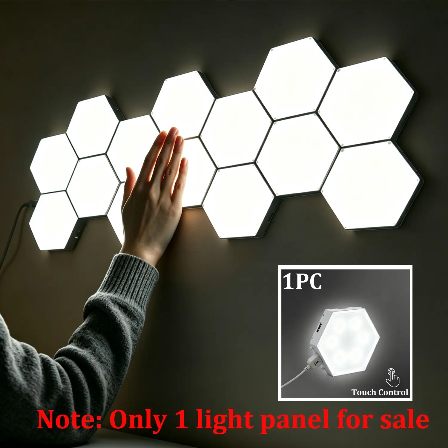 1pc DIY Hexagonal LED Wall Light, Touch Control Nightlight, Adjustable Brightness, Ambient Lighting, Indoor Bedroom Living Room Decor