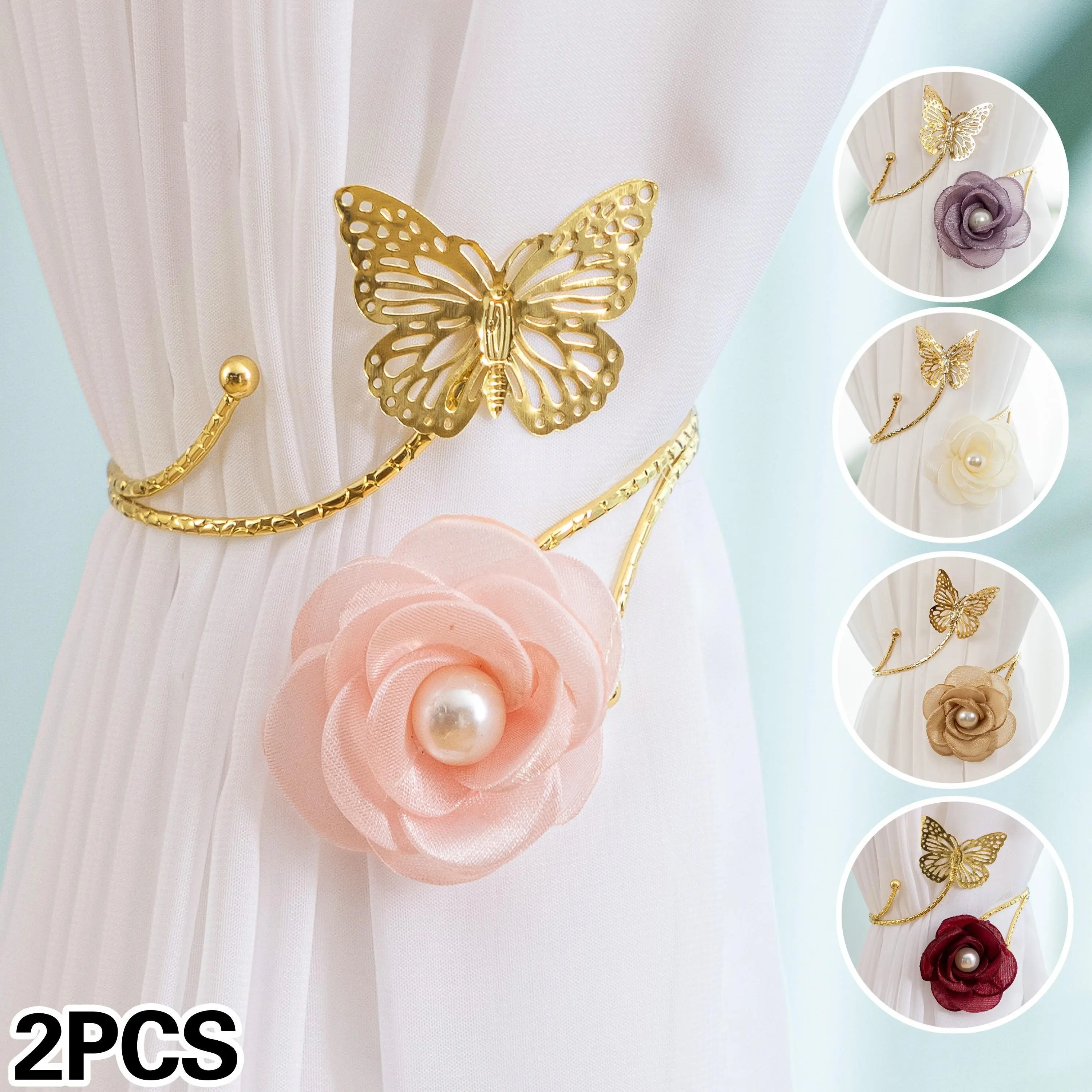 2pcs Golden/Silvery Metal Skeleton Butterfly & Camellia Floral Curtain Tiebacks - Modern Minimalist Hand-Woven 3D Cubic Flower Non-Iron Durable Scratch-Resistant Ceramic Curtain Fixer for Living Room, Bedroom