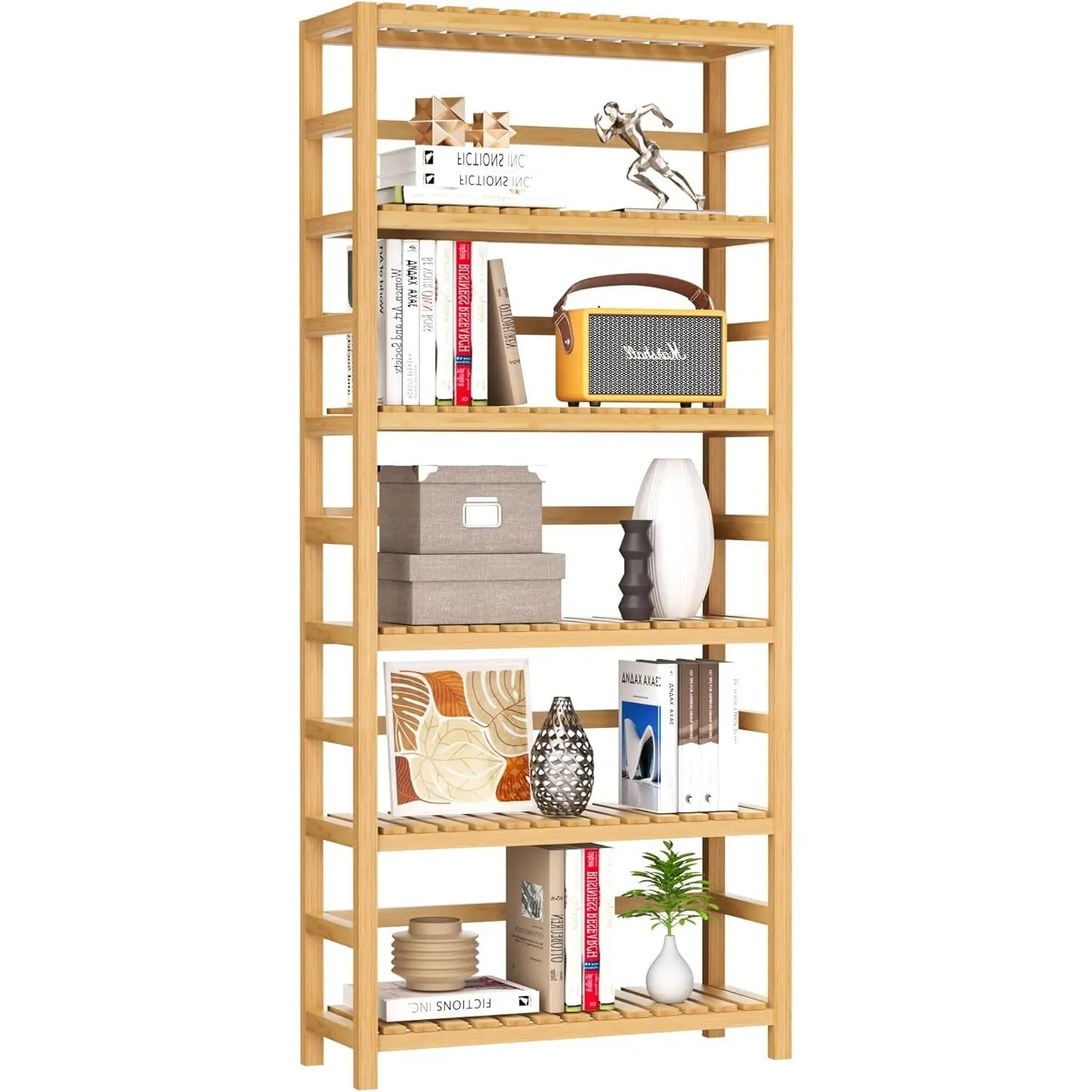 6-Tier Bamboo Shelf,Bamboo Storage Shelving Unit,Tall Bookcase with Adjustable Shelves,Multipurpose Storage Display Shelf for Bathroom, Living Room, Balcony, Kitchen,Natural