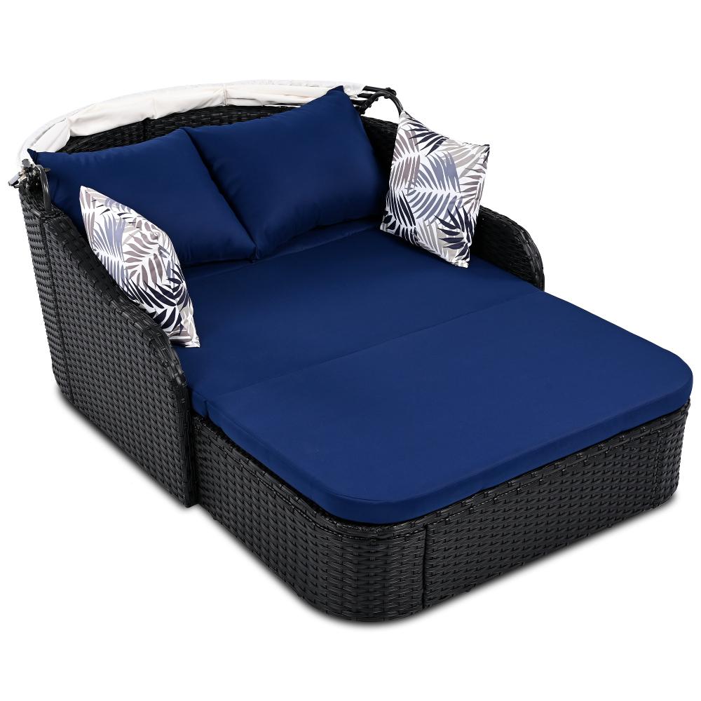 79.9" Outdoor Sunbed with Adjustable Canopy, Double lounge, PE Rattan Daybed, Black Wicker and Blue Cushion