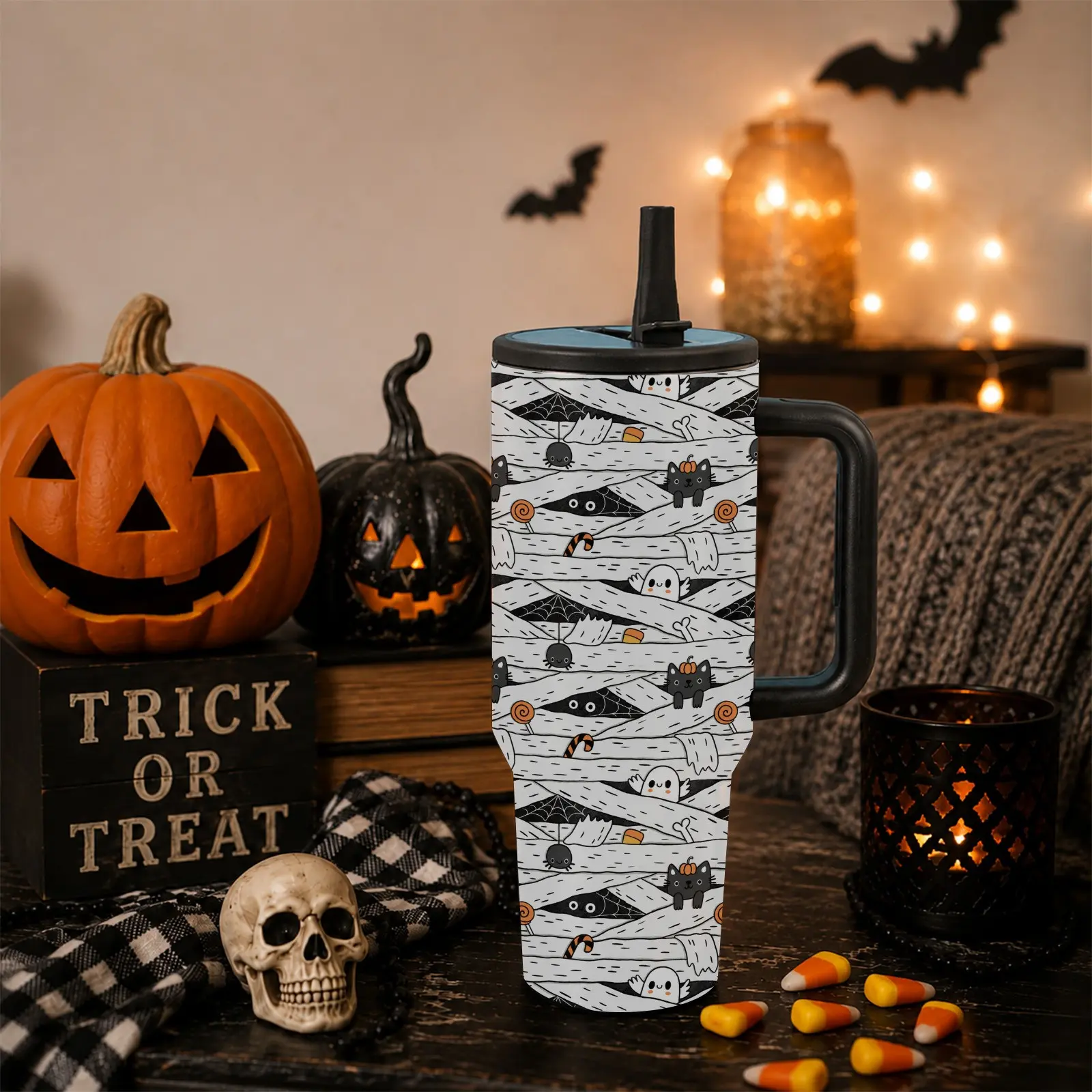 1PC Ghost Cat Halloween Tumbler, Insulated Vacuum Tumbler 40oz with Handle, Black Cat & Spooky Ghost Pattern Stainless Steel Insulated Cup, Reusable Travel Mug with Straw, Halloween Gift for Women Girls, Fall Drinkware for Everyday Use