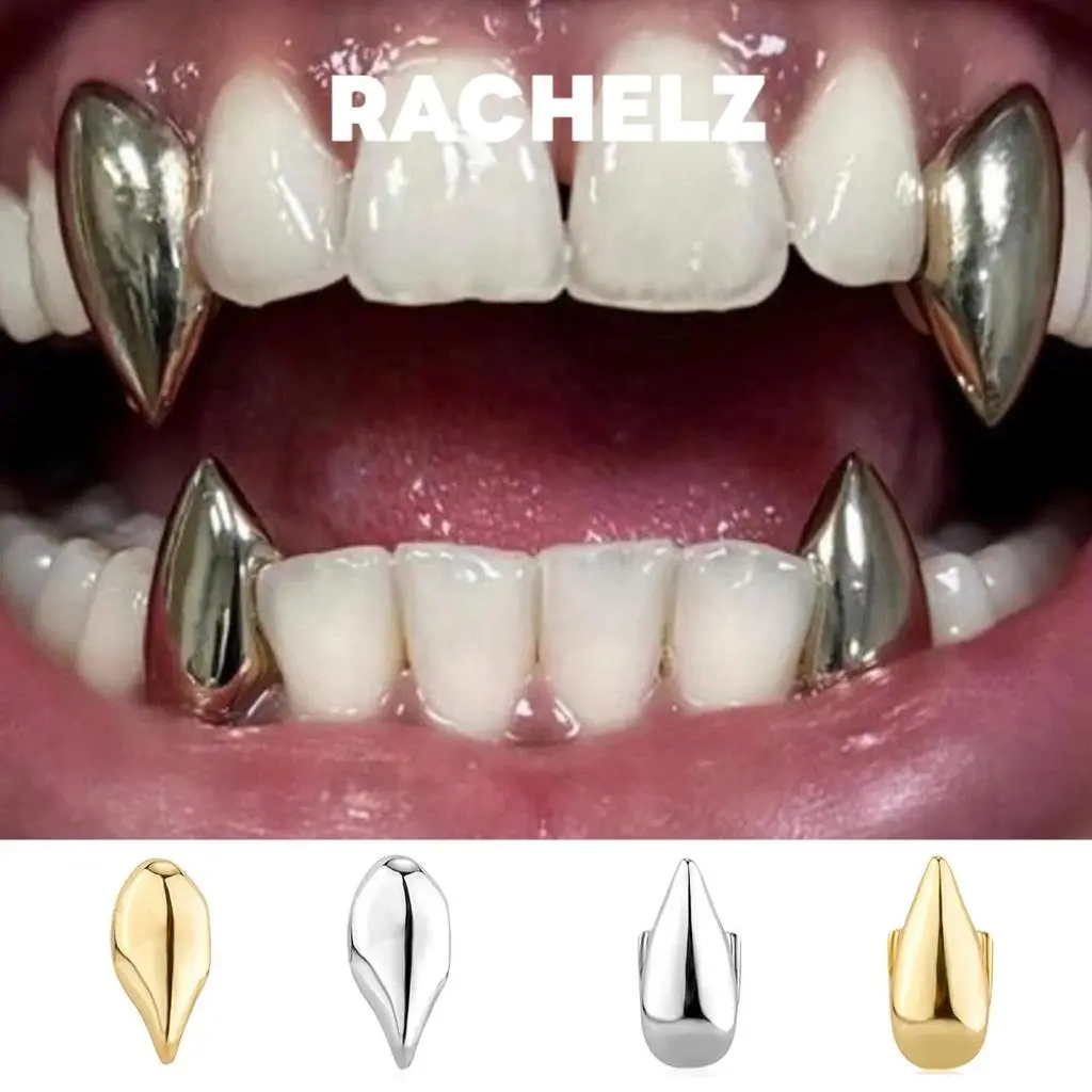 RACHELZ Hip Hop Single Teeth Grillz Fangs Top Bottom Punk Glossy Tooth Caps For Women Men Halloween Vampire Cosplay Gift