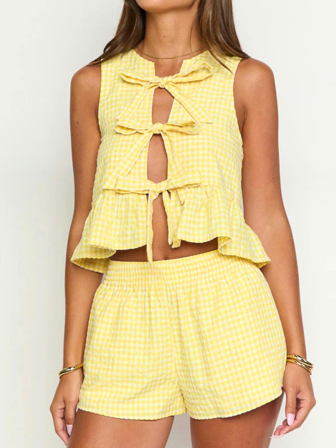 Women's Plaid Print Bow Crop Top & Shorts Two-Piece Set Womenswear, Casual Fashion Butterfly Sleeve Top & Shorts for Daily Outdoor Wear, Ladies Summer Clothes