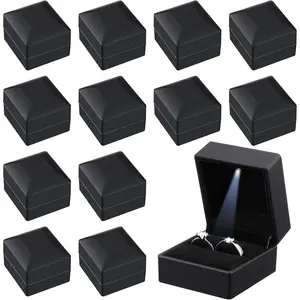 12 Pcs Black Velvet Jewelry Boxes LED Light Display Ring Necklace Bracelet Chain Gift Box Bulk Wedding Proposal Anniversary(Ring Box,Square)
