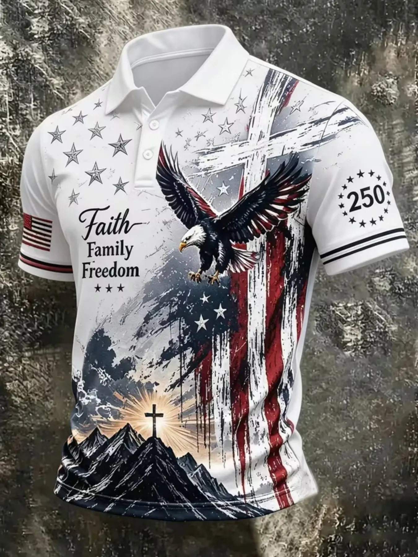 American Patriotic Eagle Flag Cross Print Men's Polo Shirt, Casual Loose-Fitting Short Sleeve Golf Top, All Seasons Wear