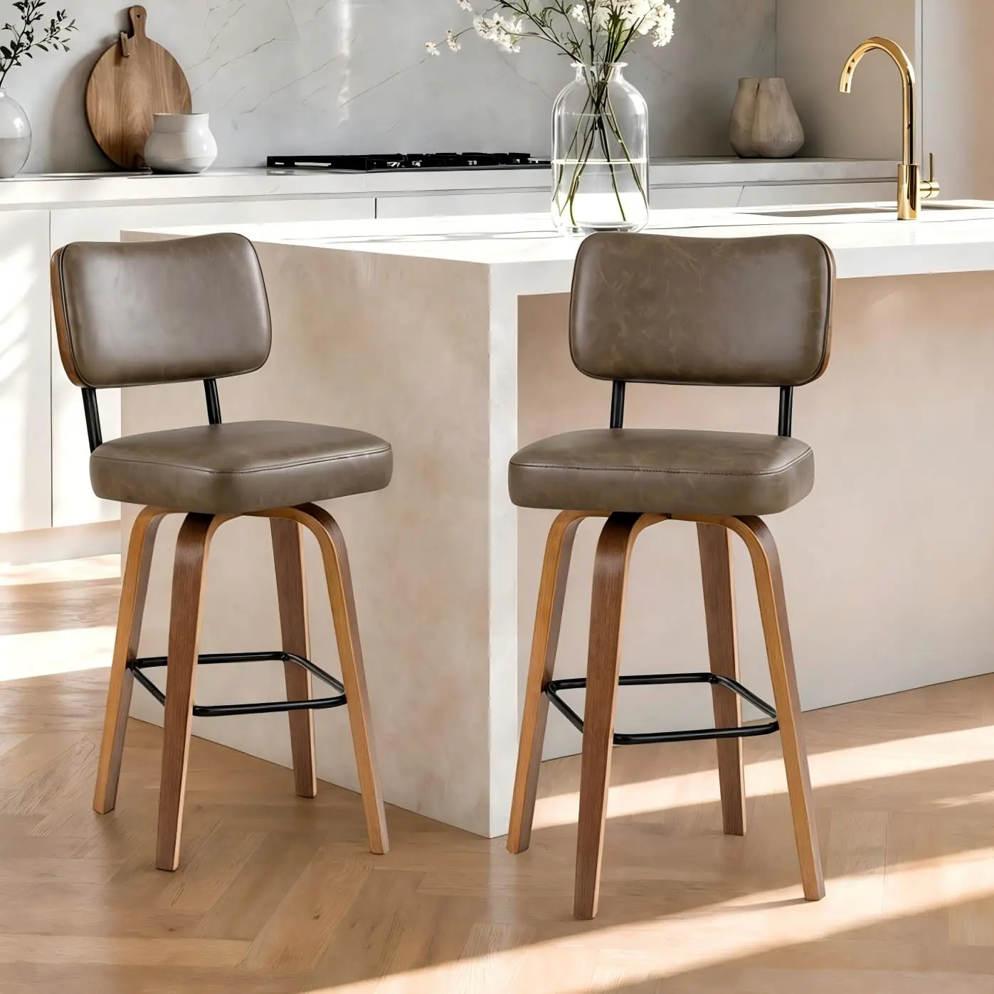Modern Swivel Bar Stools Set of 2 – Counter Height, Faux Leather Upholstered, Bentwood Legs, Ergonomic Back, Stylish Kitchen Island Chairs, Black