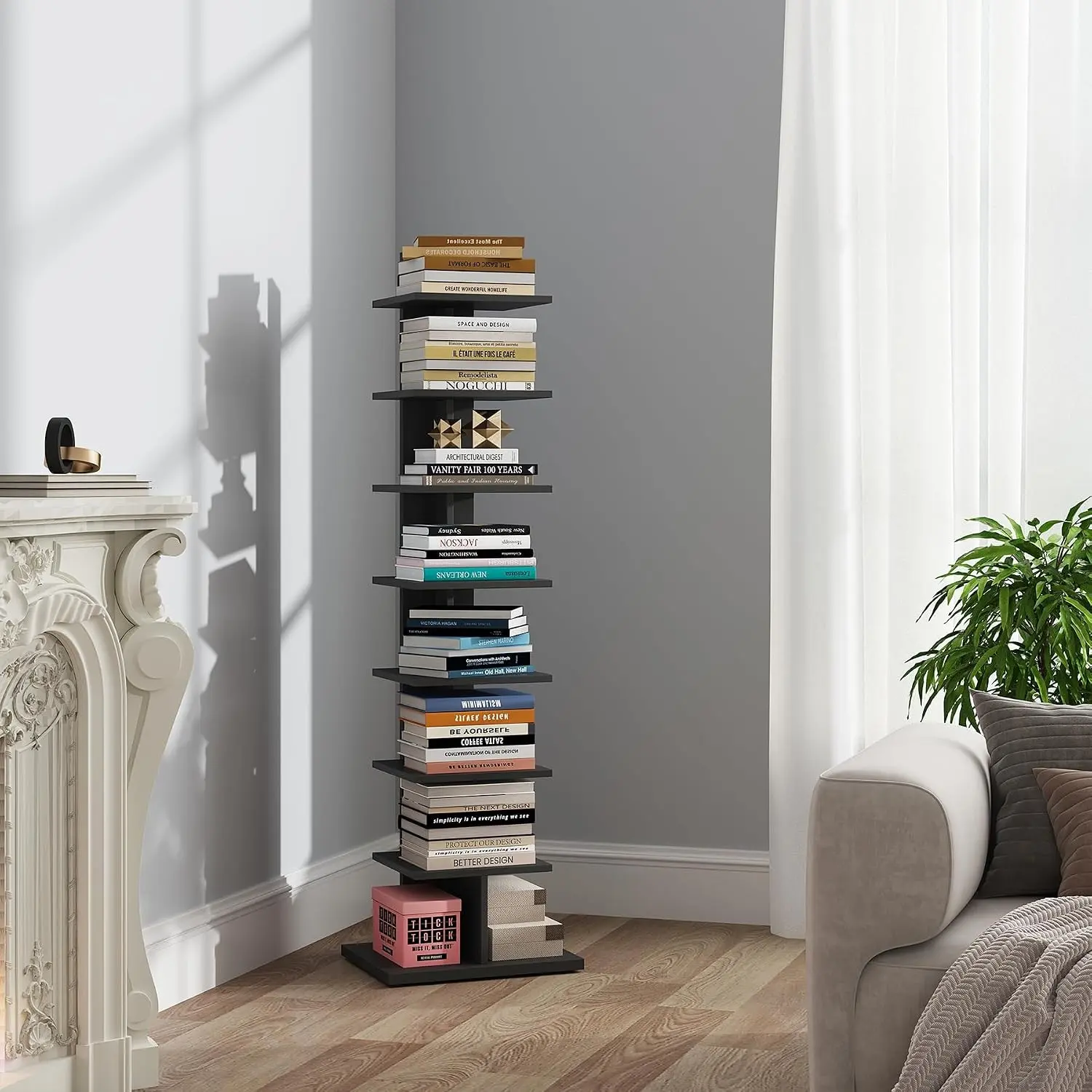 Narrow Bookshelf, 8-Tier Bookcase, Spine Book Shelf for Small Space, Corner Standing Shelf for Living Room, Office, Study, Entryway, Black BS06BK008