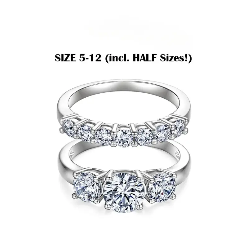 1CT Lab-Created Moissanite Three-Stone Ring Set for Women, 18K Gold Plated Stackable Bridal Engagement Ring and Wedding Band, Promise Anniversary Jewelry Gift for Her