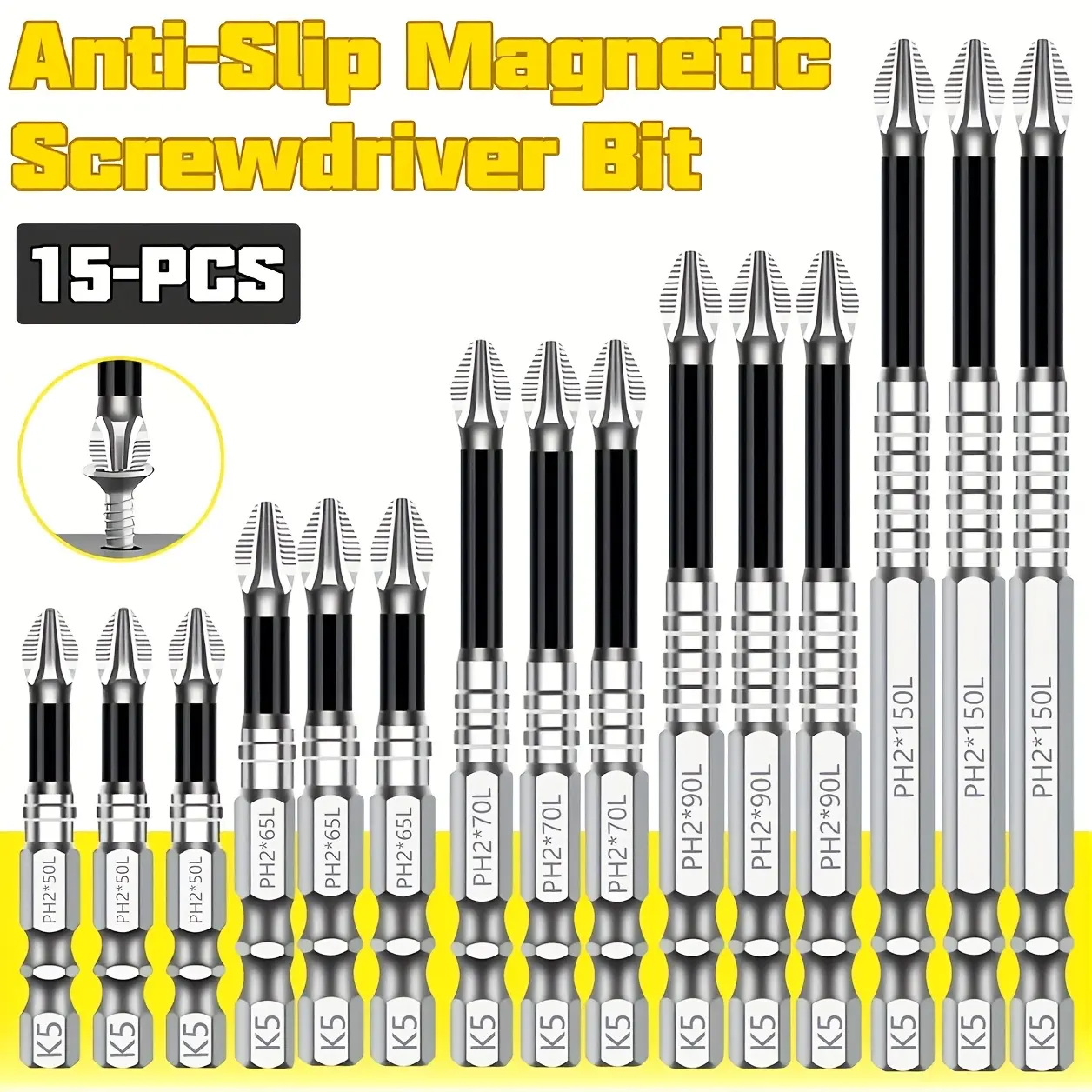 15Pcs K5 Non-slip Impact Resistant Thread Drill Bit Set, Cross Positioning Bits, Anti-slip Magnetic Screwdriver Bits, Steel Shockproof Magnetic Cross Driver Bits, Hex Shank Strong Magnetic Screwdriver Head Kit