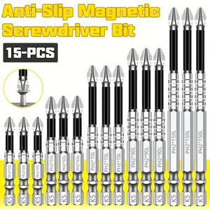 15Pcs K5 Anti-slip Magnetic Screwdriver Bits Set Non Slip Bit, Phillips Head Impact Driver Bits, Strong Magnetic Shockproof Steel Drill Bits with Hex Shank, Cross Screwdriver Bit Kit for Repair Work