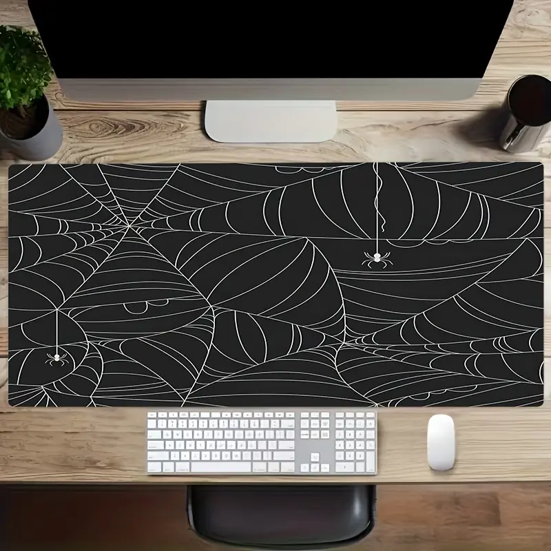 Minimalist Large Size Gaming Mouse Pad - Black Background with White Spider Web & Spider Pattern, Non-Slip Washable Rubber Base, Smooth Glide, Stylish Desktop Decor for Gamers-Office Users