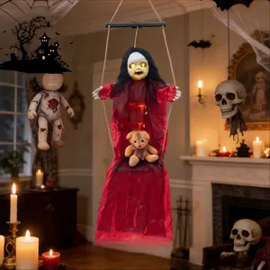 Halloween Electric Swing Girl Ornament, Horror Puppet Doll with Light Eyes and Sound, Hanging Courtyard Ghost House Decor, Porch, Trees, Garden