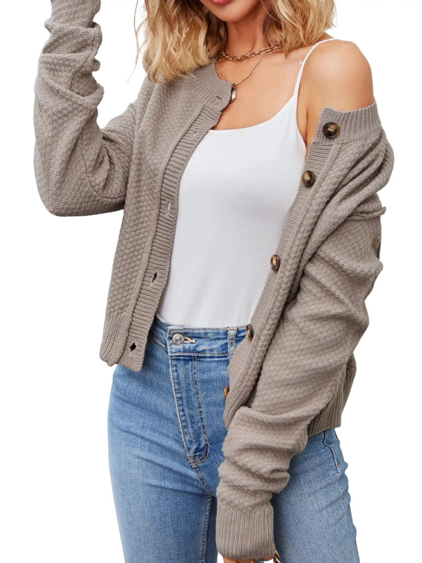 High-Quality Knitted Sweater, Vintage Amber Button Round Neck Short Coat, Casual Loose-Fitting Pullover for Fall & Winter, Long Sleeve