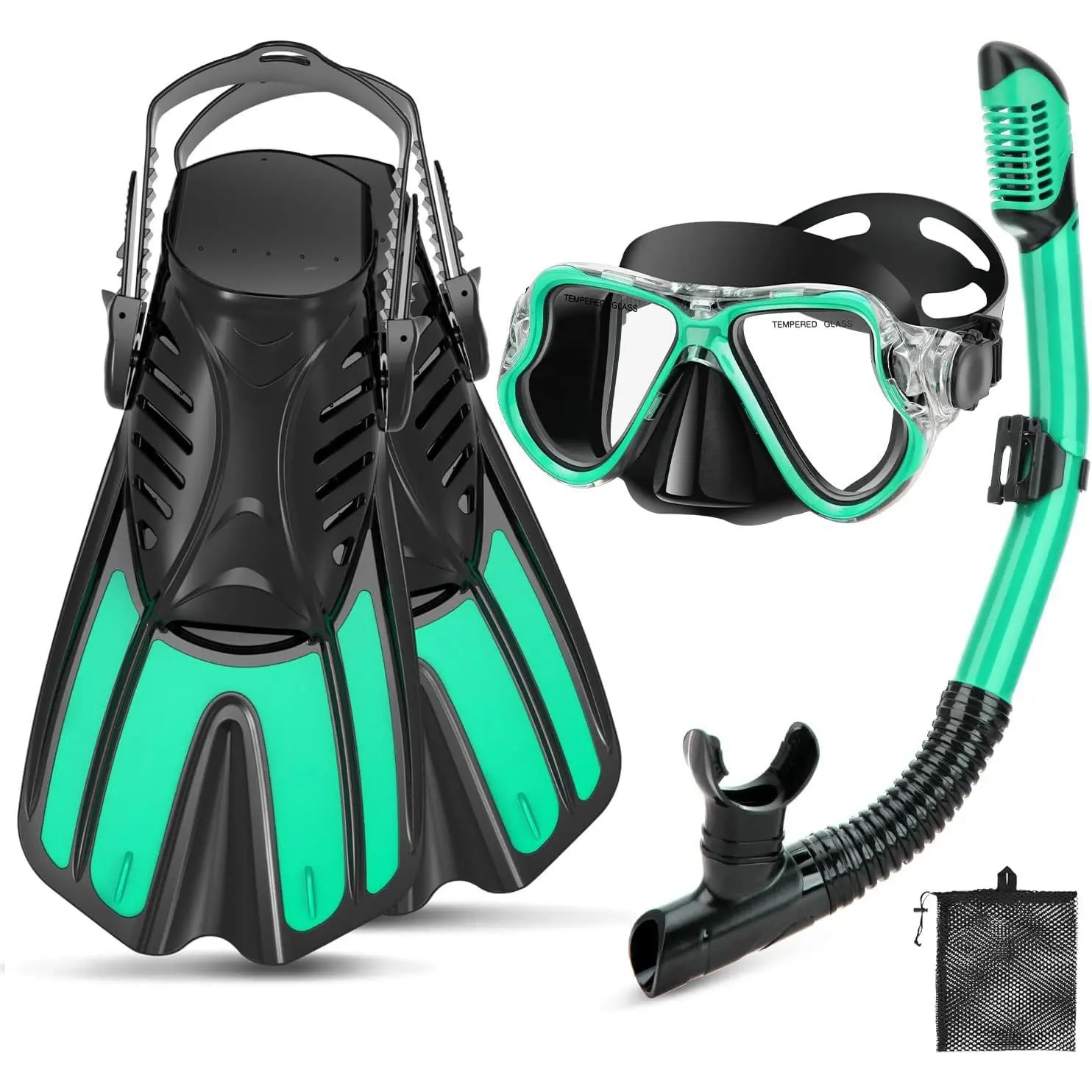 Snorkeling Gear for Adults, 4 in 1 Adult Snorkel Set with Panoramic View Snorkel Mask, Dry Top Snorkel, Adjustable Short Fins and Travel Bag, Snorkel Set with Fins for Snorkeling Diving