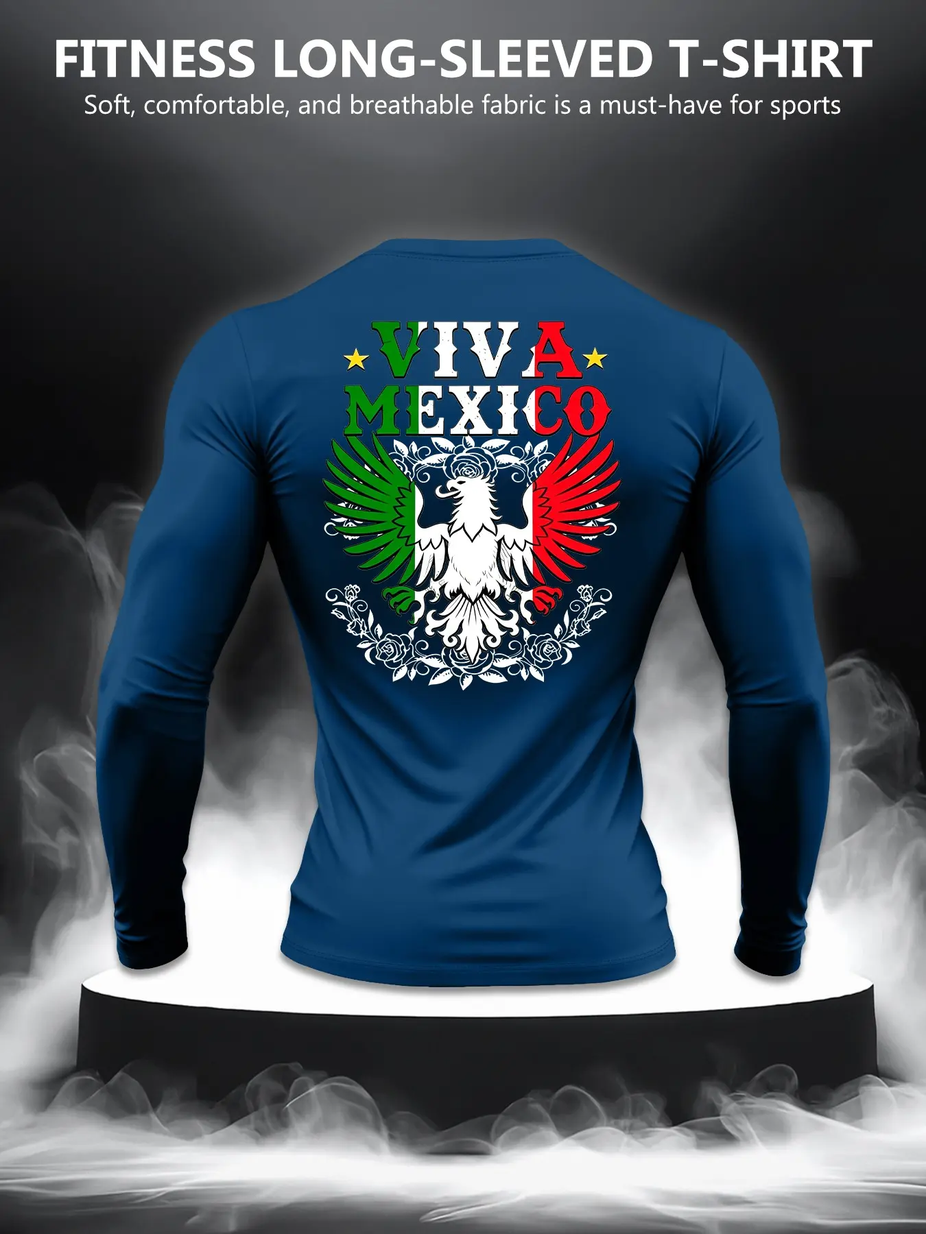 Men's Fitted Long Sleeve Sporty Top, Viva Mexico Rose Eagle Print, Elastic Comfortable Workout Shirt, All Seasons Universal Sports